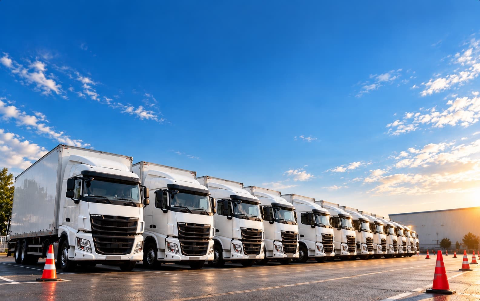A fleet of white trucks lined up on a training yard with safety cones at sunset